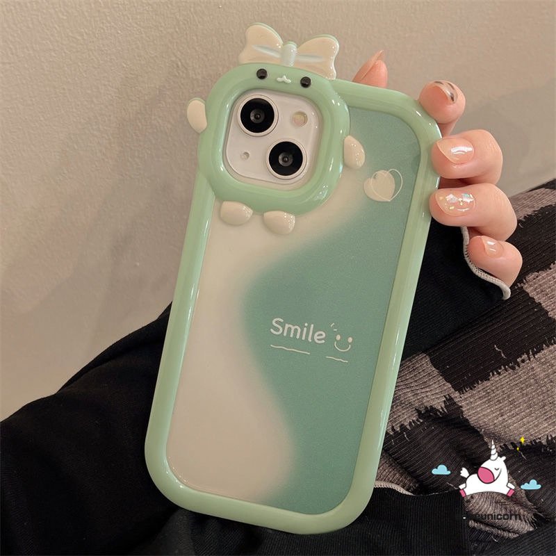 Smile Case Realme C33 9 8 8pro 7 8i 9pro+C25 C15 5 6i 9i 5s 5 7i C25s C12 C31 C21Y C30 C25Y C11 C35 C21 C2 C1 C3 C17 Hijau Splicing Lovely 3D Bow Little Monster Lens Soft Case Tempat Kotak Makan