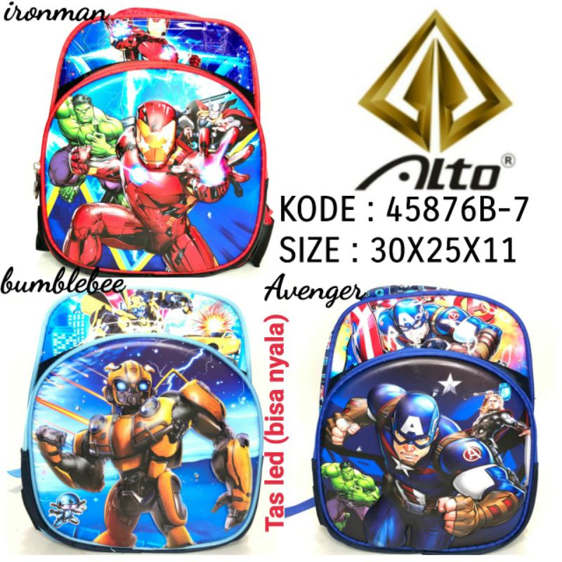 TAS RANSEL SEKOLAH ANAK LAKILAKI  PAUD/TK ALTO LED LAMPU BISA NYALA 45876B-7 Iron Man Bumblebee Avenger