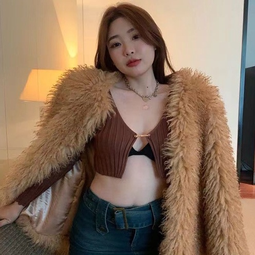 YIU YIU Rajut - Kardigan Wanita Rajut Crop Lengan Panjang Sexy Casual Top