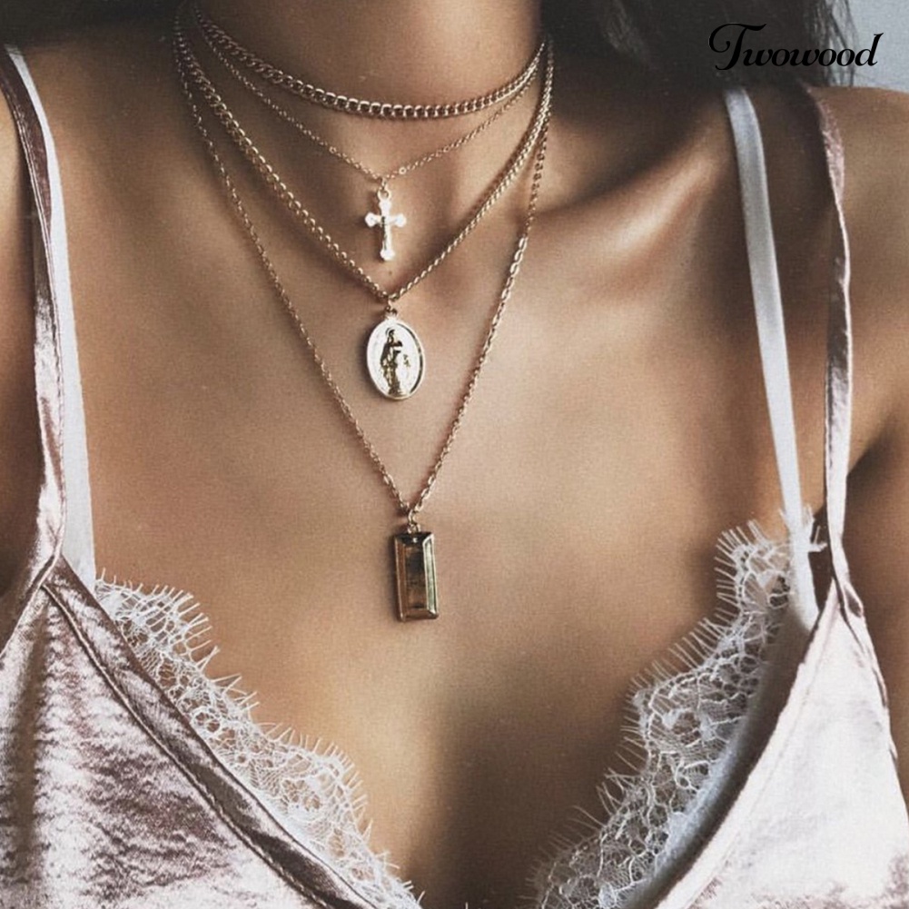 Kalung Choker Rantai Banyak Lapis Dengan Liontin Salib Yesus Gaya Retro Untuk Wanita