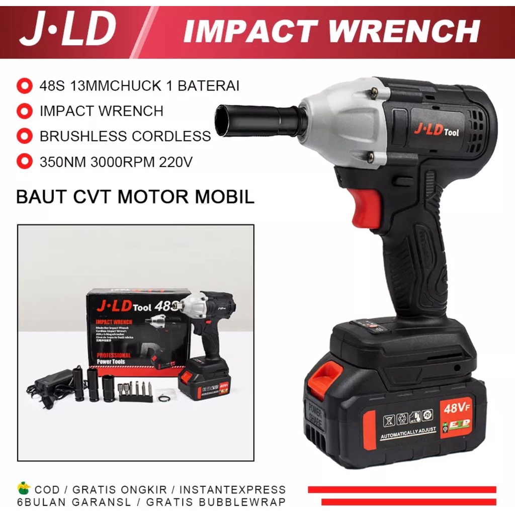JLD TOOL IMPACT WRENCH BRUSHLES 48S TORSI 350N.M 1 BATERAI 48VF PEMBUKA BAUT MOTOR,CVT MOTOR