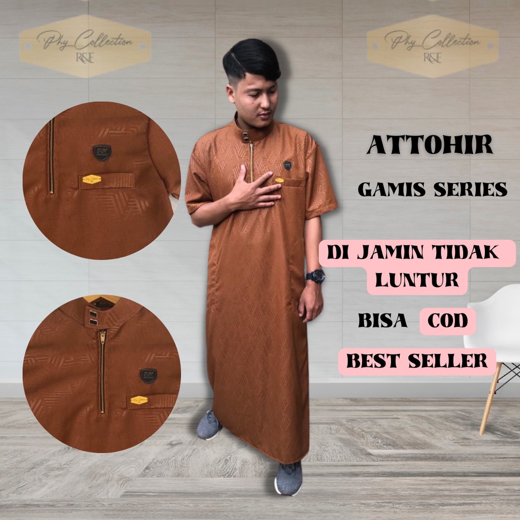 ATTOHIR Jubah Gamis Pria Laki Laki Dewasa Cowok Remaja Model Haromain Motif Embos Lengan Pendek Kancing Snap  Ukuran S M L XL XXL XXXL