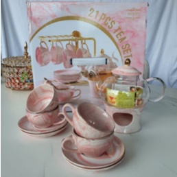 Promo Luxury 9pcs Tea Set Marble / Set Teko Marble Keramik Mewah Gaya Eropa - Merah Muda Berkualitas
