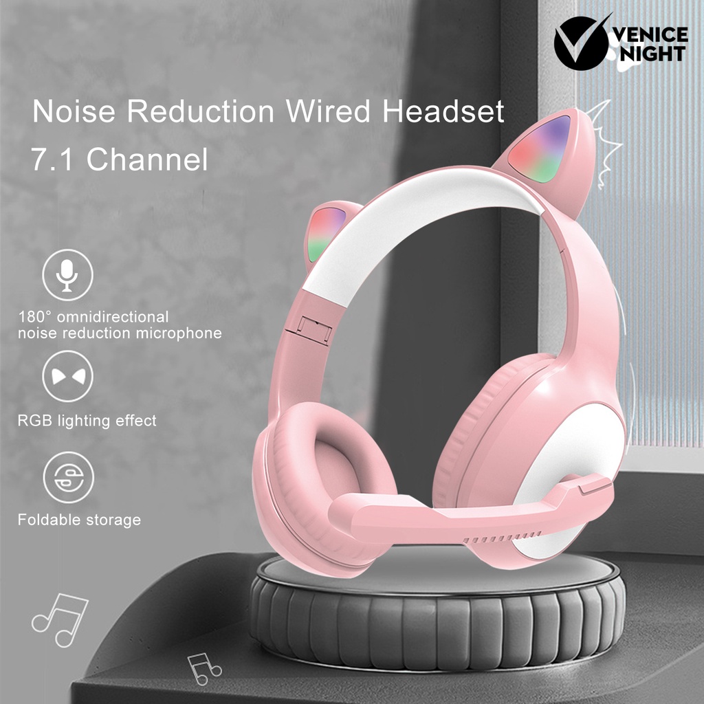 (VNEP) (Berkabel) G19 Headset Pengurang Kebisingan Bentuk Telinga Kucing 7.1 Saluran HiFi Over Ear Headphone dengan Mikrofon untuk Bermain Game