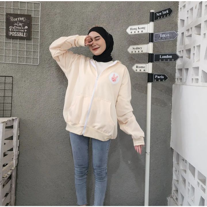 Jacket PINK RABBIT 2XL Hoodie Zipper Sweater Bigsize Wanita Oversize Kekinian OOTD Korean Fashion Terbaru