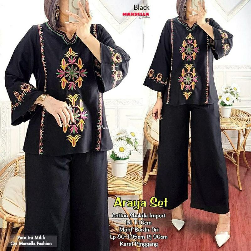 Araya Set, SETELAN WANITA MUSLIM CANTIK MODIS FIT XL LD 104 BAHAN KATUN SHAKILA IMPORT MIX BORDIR TERMURAH