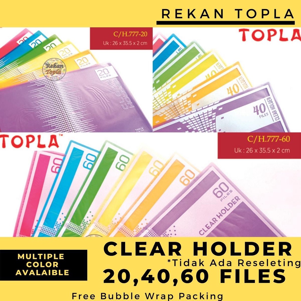 

Clear Holder Folio / Map Dokumen Tanpa Resleting / Isi 20,40,60 / Map Folio Polos / Warna Warni / Folder Sekolah Isi 20,40,60 File