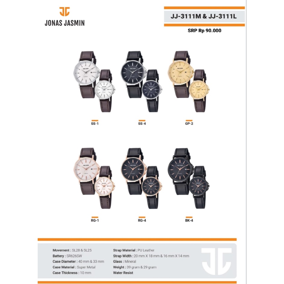 Grosiran Jam Tangan Couple Jonas Jasmin 3307HM Analog Strap Kulit Tanggal Aktif Include Box Jam Tangan