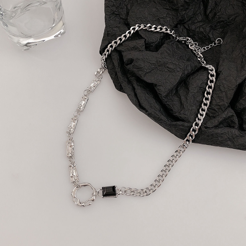 Suhao niche desain rasa batu permata hitam cair tidak teratur cincin jahitan kalung pria dan wanita dengan gaya yang sama all-match high-end kalung