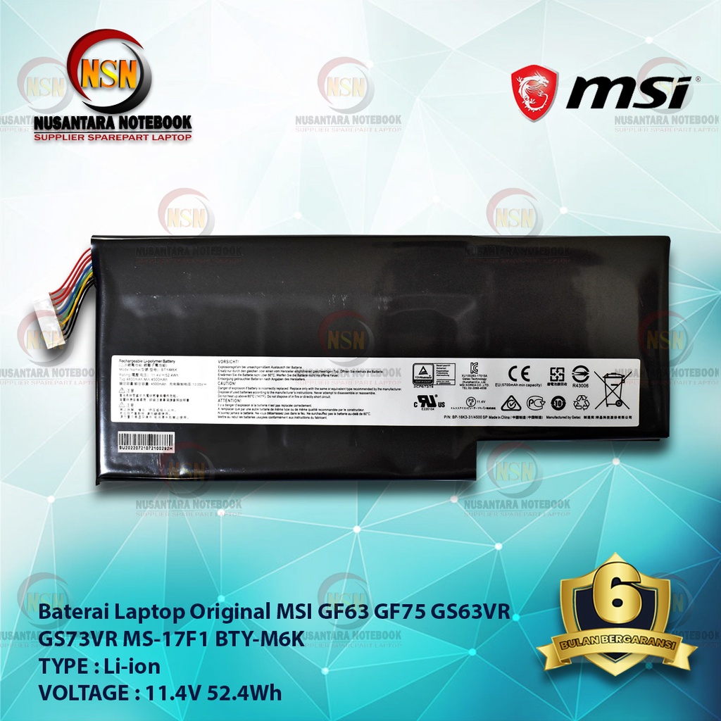 Baterai Original Laptop BTY-M6K For MSI GS65VR GF63 GF75 11.4V 52.4Wh