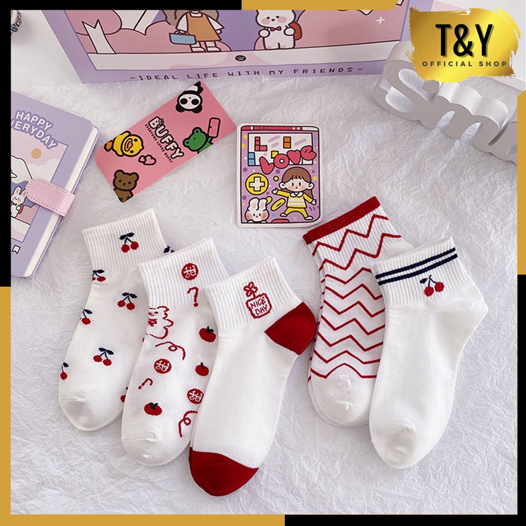 T&amp;Y Kaos Kaki Wanita Motif Cherry Merah 6586 Kaos Kaki Pendek Fashion Korean Unisex Semata Kaki Red Cherry Socks Import Ankle Socks Korean Model Simple Cute Murah