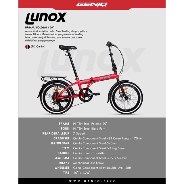SEPEDA LIPAT GENIO LUNOX 1.0 20 INCH RED 7 SPEED