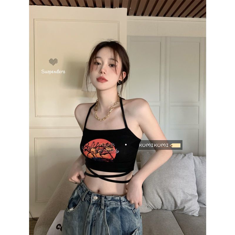 Red kumikumi hitam menggantung leher sling wanita rasa desain tali cetak rompi musim panas pendek tabung top top