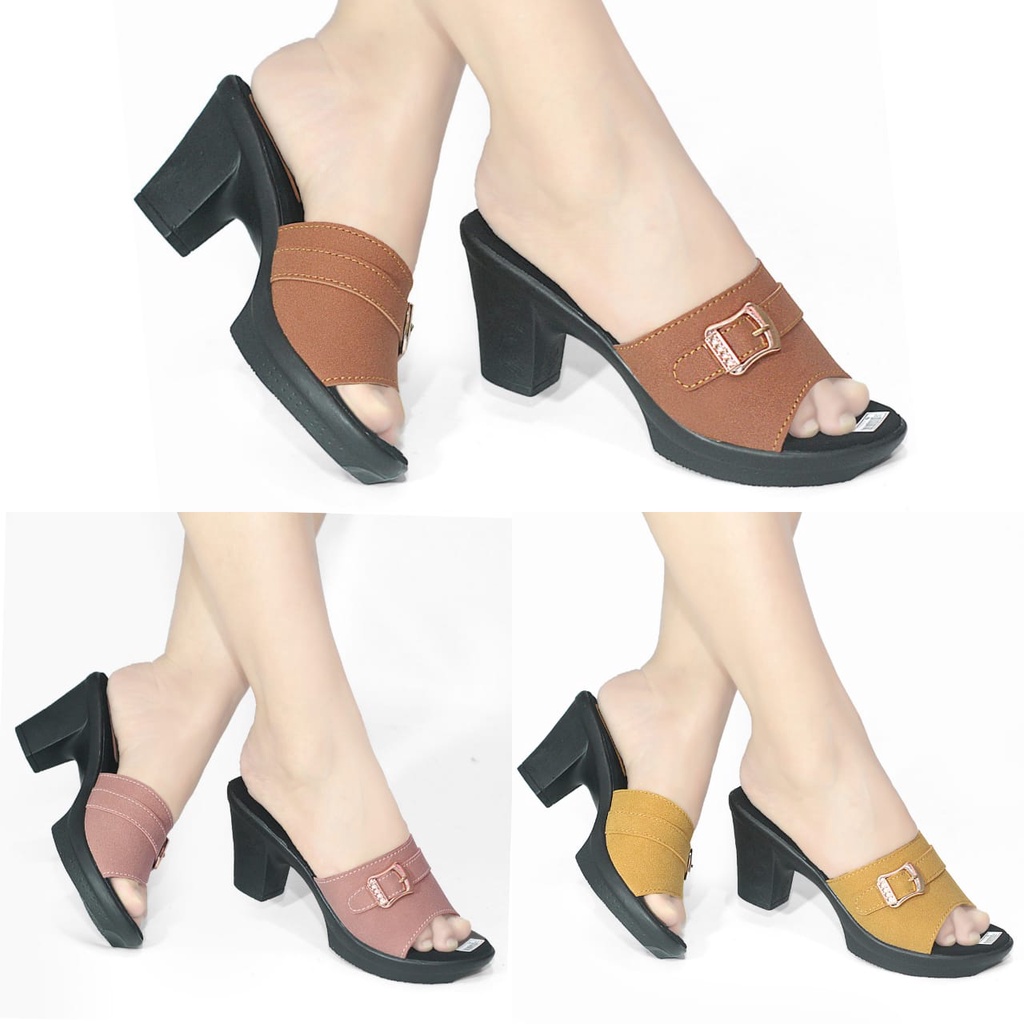 Sepatu High Heels Wanita Terbaru Sandal Hak Tahu Aksen Tali Strap Open Toe | Sendal Pesta Hak Tinggi Chungky | Block heel Casual Formal Slop Selop Slip On highhils Wedges 5cm Murah Kekinian