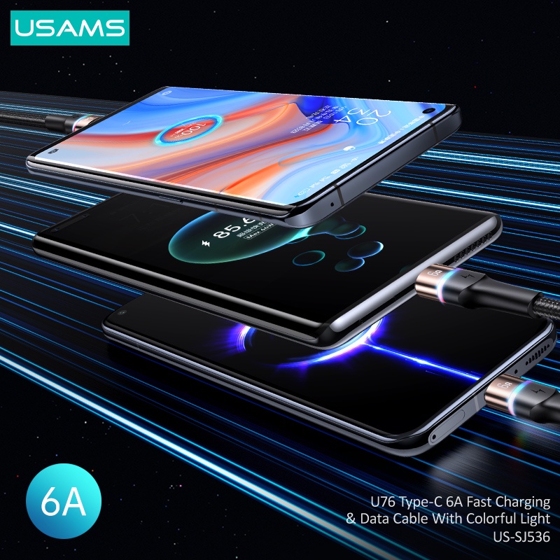 Kabel Data USAMS U76 Type-C 6A SUPER VOOC oppo, SUPER DART realme, FLASH CHARGE vivo.