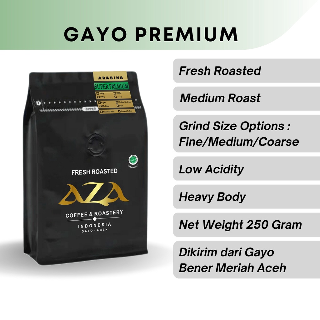 

Aza Coffee Kopi Premium Arabika Gayo Aceh 250g Bubuk Single Origin Coffe Powder Biji Roasted Beans
