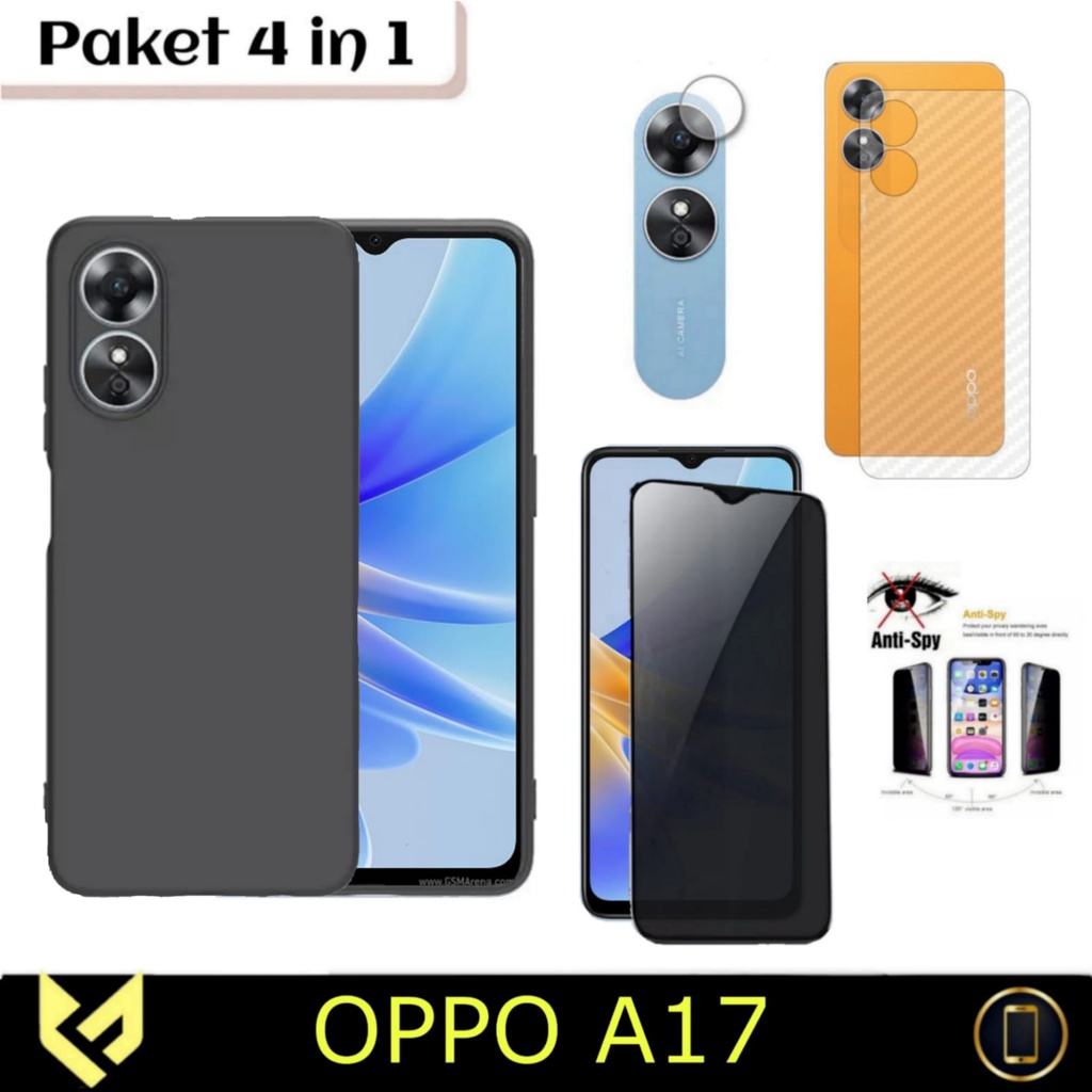 PROMO Paket 4IN1 Case Black Matte For OPPO A17 SoftCase Premium Black Matte Free Tempered Glass Layar &amp; Tempered Glass Camera &amp; Garskin Carbon Handphone