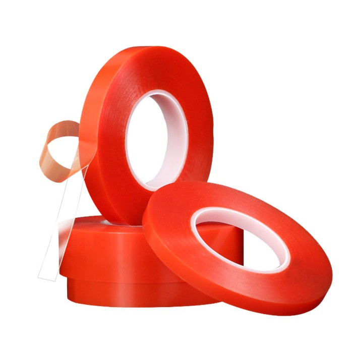 DOUBLE TAPE BENING 8MM*3M PEREKAT 0.8CM CLEAR TRANSPARAN DOBEL TIP - KULIT MERAH