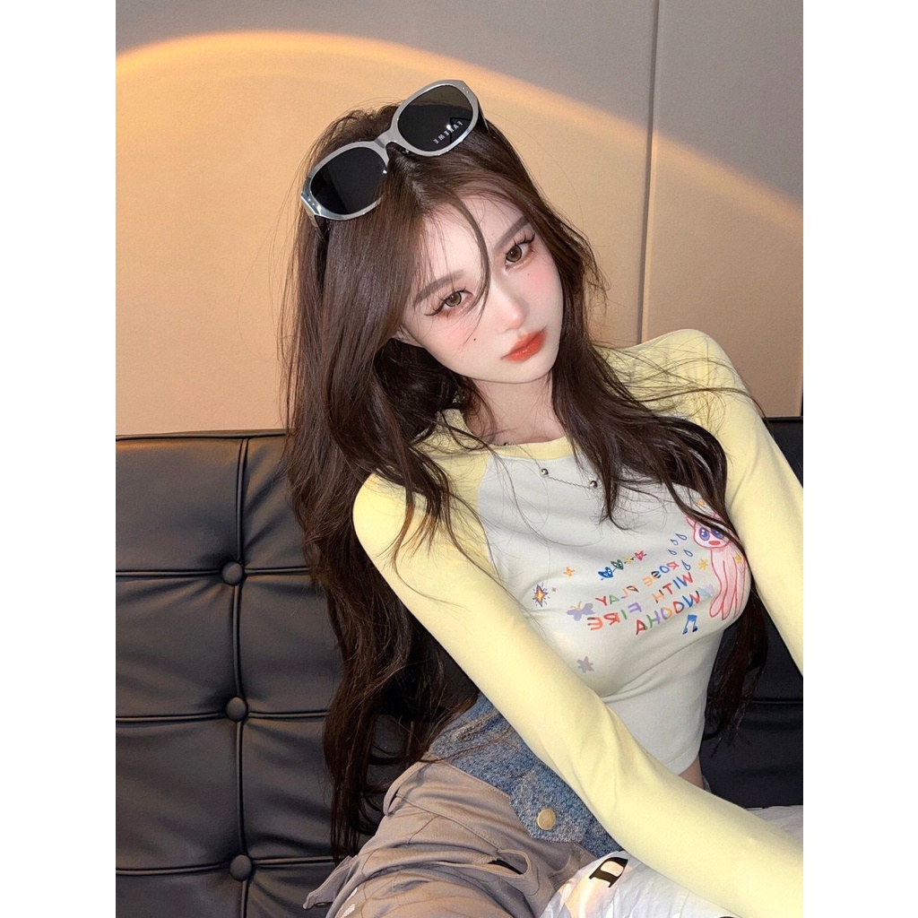 Red Warna kontras manis dan murni bernafsu musim gugur lengan panjang atasan wanita versi Korea dari kemeja bottoming t-shirt ramping dan tipis dengan ins