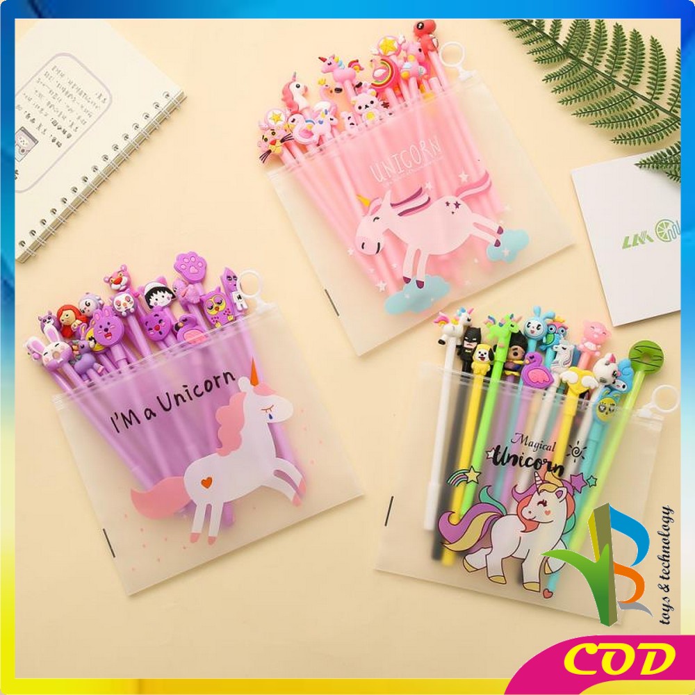 RB-A15 Pulpen Gel Karakter Lucu Set Isi 20PCS Pena FREE Zipper Pouch Tempat Pensil Transparan Murah