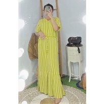 Dress Wanita Panjang Semata Kaki Nagita Strip Bahan Rayon Baju Home Dress Kancing Depan Busui