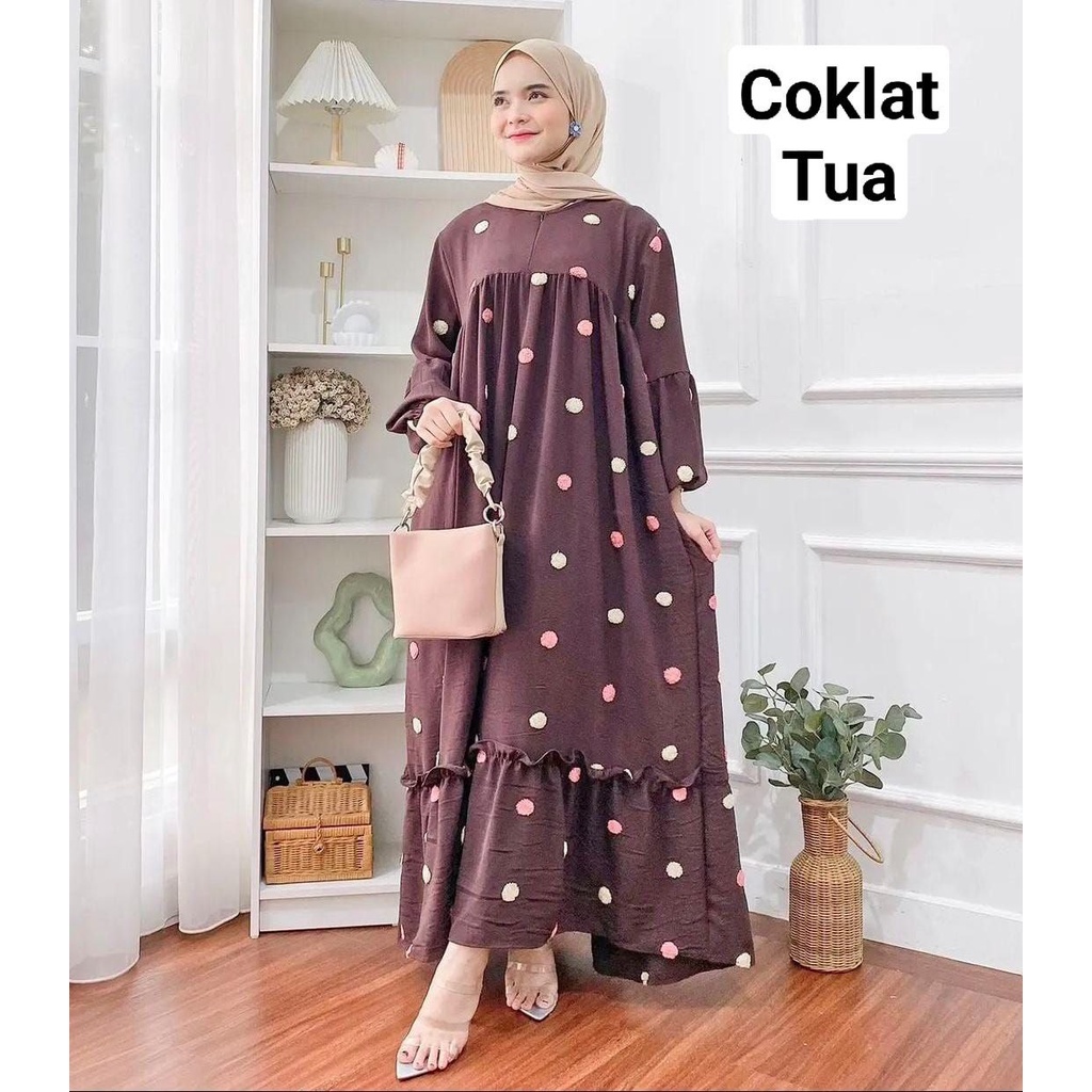 Pom Pom Bordir Gamis Wanita Crinkle Airflow Premium Dress Wanita Lengan Balon Karet Baju Wanita Muslim Kekinian LD 115 cm