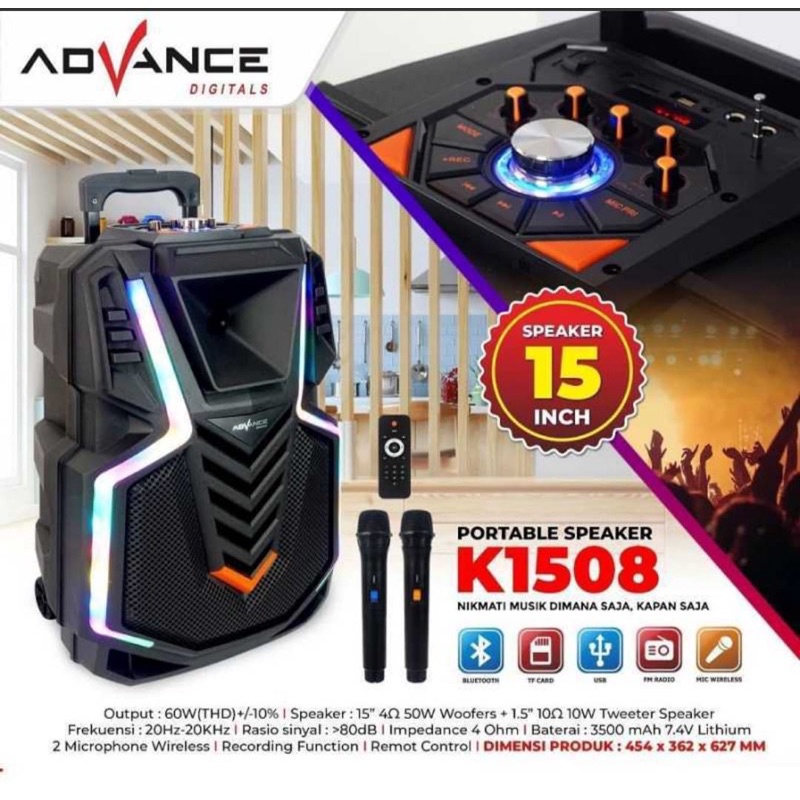 ADVANCE SPEAKER TROLLEY K 1508 / SPEAKER MEETING / SPEAKER PORTABLE / SPEAKER BLUETOOTH (FREE 2 MIC)