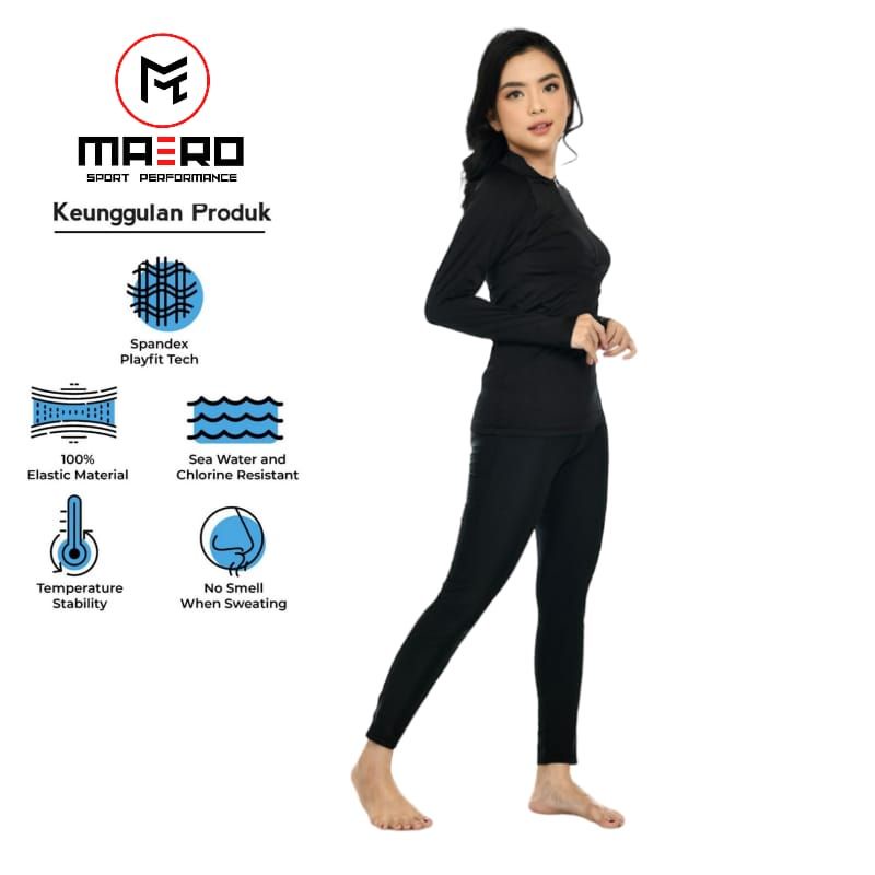 MAERO-BAJU RENANG SETELAN PANJANG UNISEX BLACK PRO PLAIN CODE SETZIP02