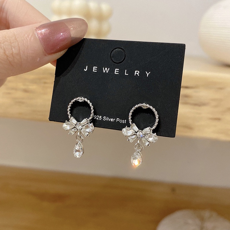 Kami Bunga Halus S925 Perak Berkilau Berlian Imitasi Tetesan Air Busur Stud Anting-Anting Untuk Wanita Perempuan Vintage Zirkon Ikatan Simpul Anting-Anting Fashion Telinga Perhiasan