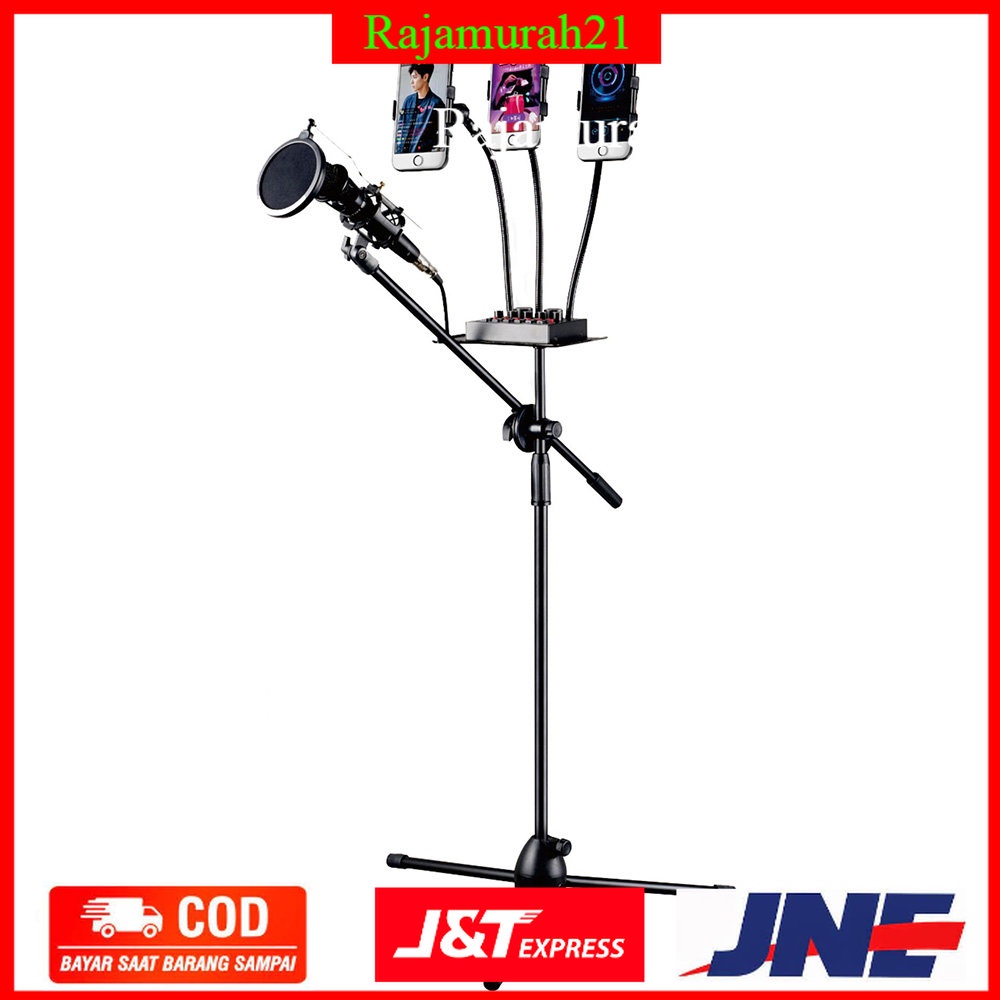 TaffSTUDIO Microphone Standing Holder Tripod with 3 x Smartphone Holder - 7RSK08BK - Black