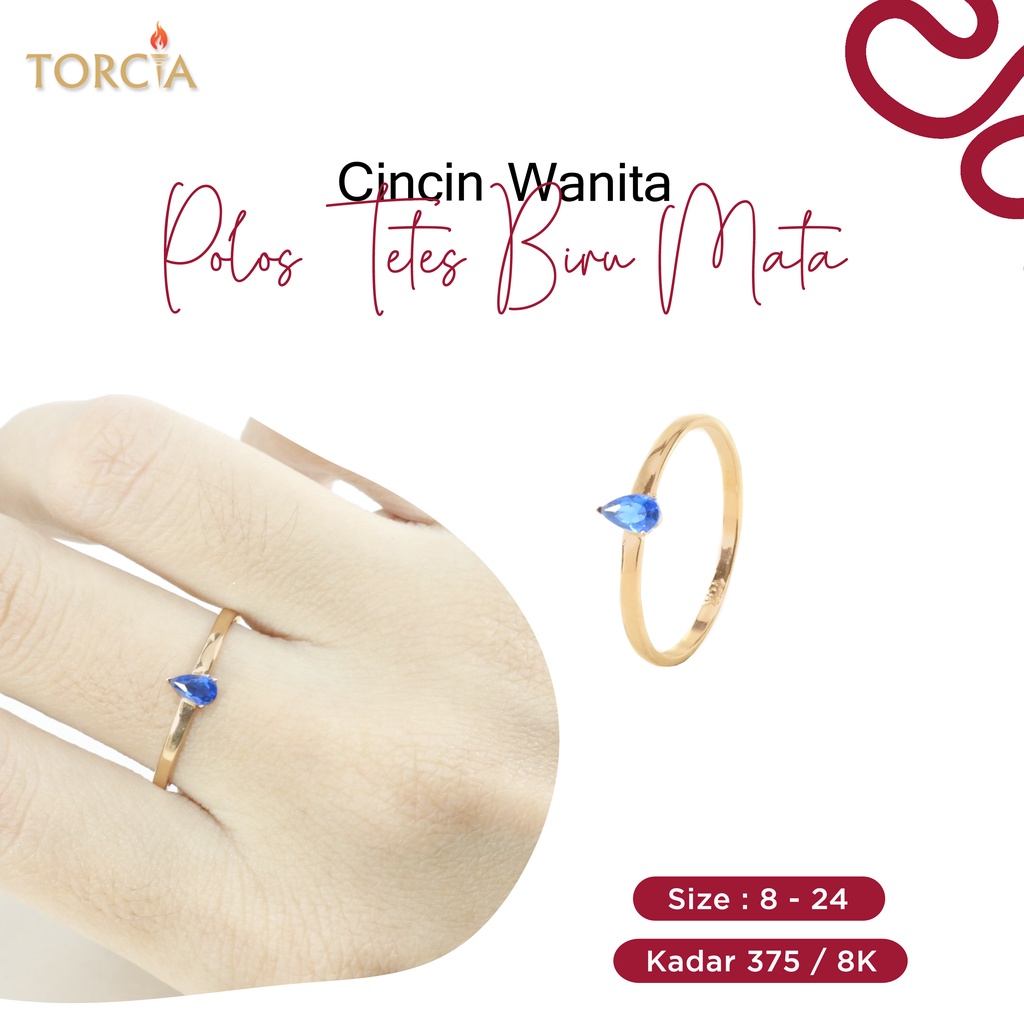 Cincin Wanita Emas Asli Polos Tetes Biru Mata Kadar 375 Torcia