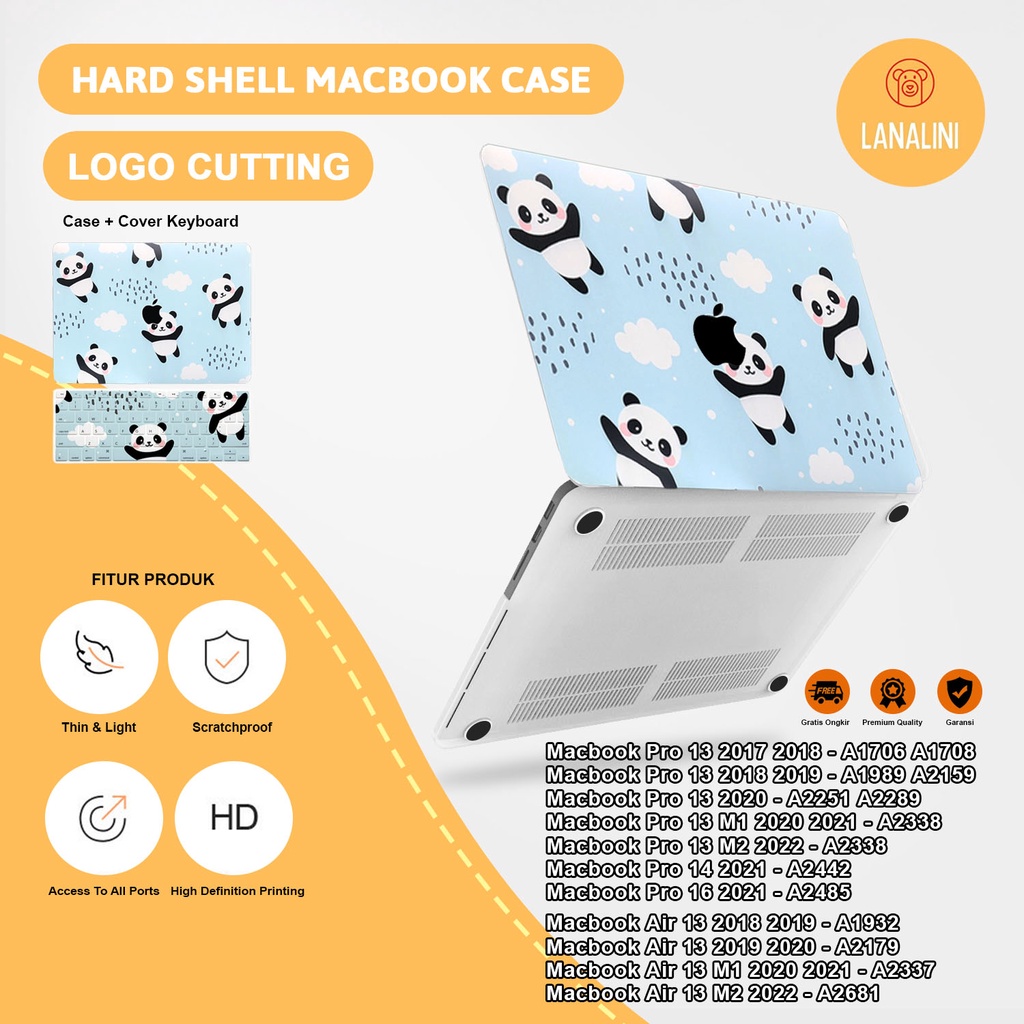 Case Casing Protective Pelindung Laptop Macbook Air Pro 13 M1 M2 2017 2018 2019 2020 2021 A1932 A2179 A2337 A1706 A1708 A1989 A2159 A2251 A2289 A2338 A2681 Gambar Kartun Panda Warna Biru Blue Motif Lucu Hardcase Murah