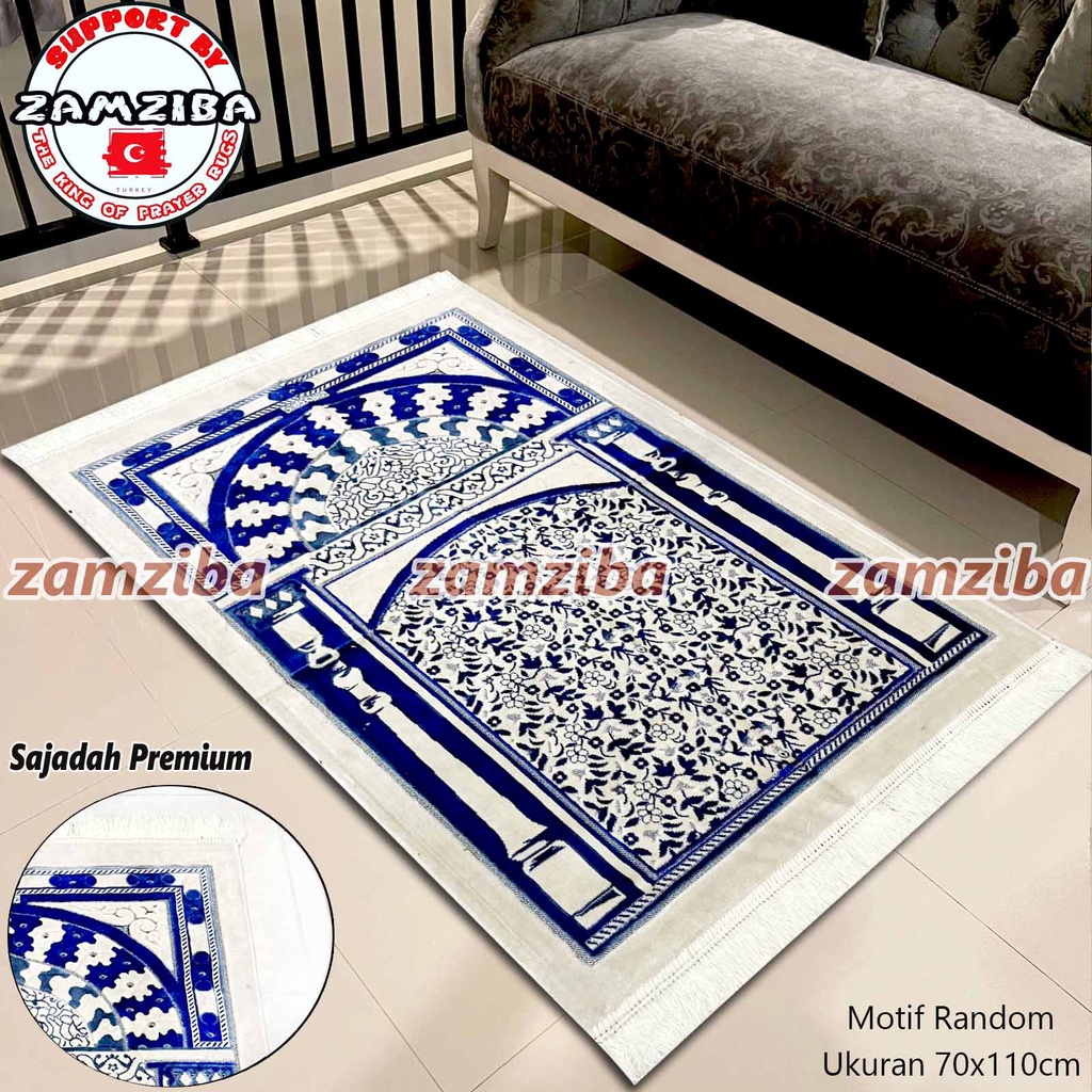 Sajadah Turki Premium Bahan Halus Warna Putih Motif Random Perlengkapan Sholat Sejadah Zamziba