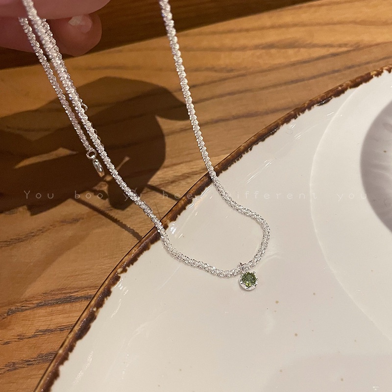 Kalung Rantai Klavikula Liontin Zircon Warna Silver Hijau Gaya Korea Untuk Wanita