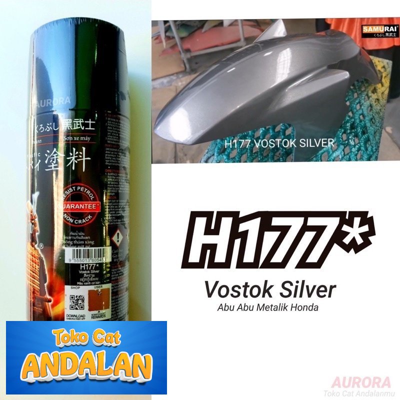 

Toko Cat Andalan - Pilox Samurai Vostok Silver H177 Abu-abu Metallic Cat Pilok Abu Metalik Honda Tahan Bensin 400ml Toko Cat Andalan Motor dan Mobil