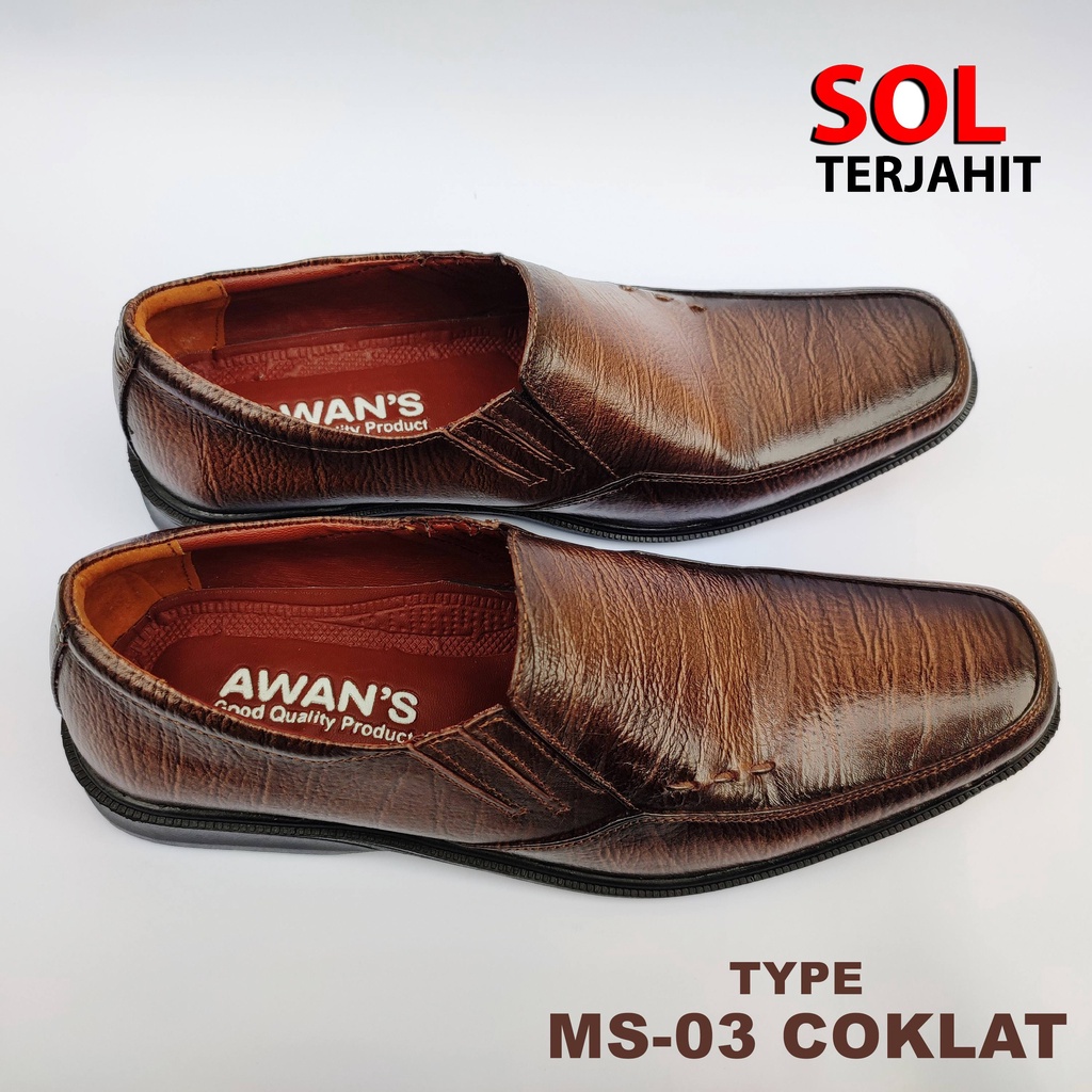 Sepatu Pantofel Hitam Pria Kulit Asli SOL KARET Terjahit Kuat Lentur &amp; Tidak Licin