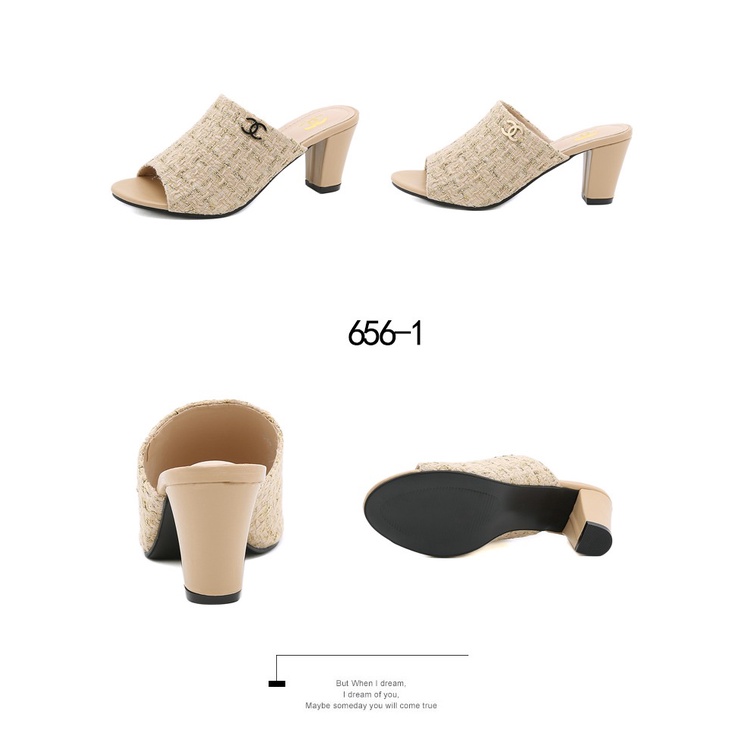 CH Tweed Logo CC Block Heels Sandals 656-1