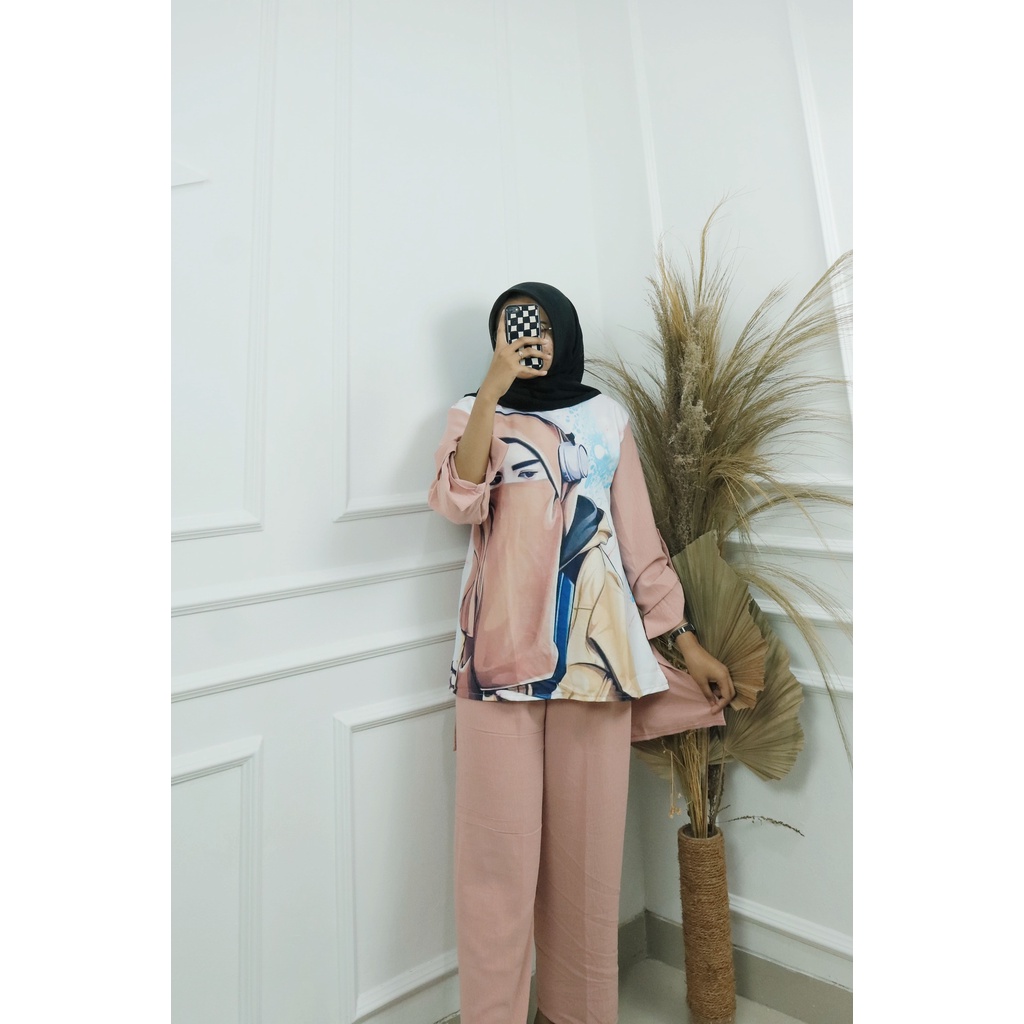 LESTY SET BAHAN CRINKLE AIRFLOW APLIKASI SABLON UKURAN M L XL DAN XXL SETELAN WANITA TERBARU 2022 MODEL KEKINIAN ONE SET WANITA KOREAN STYLE SET BAJU DAN CELANA JUMBO PAKAIAN SANTAI WANITA