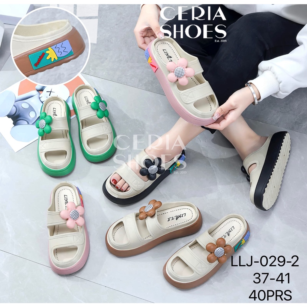 PVC Sandal Slop Wanita Karet Import Slip On Bahan Rubber Empuk Elastis Non-Slip Motif Flower Polka Bear 029-2