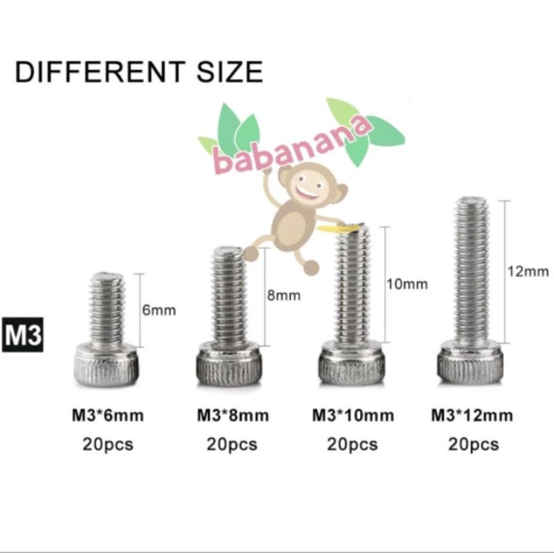 160pcs M3 hex screw cap head baut sekrup stainless besi set kit