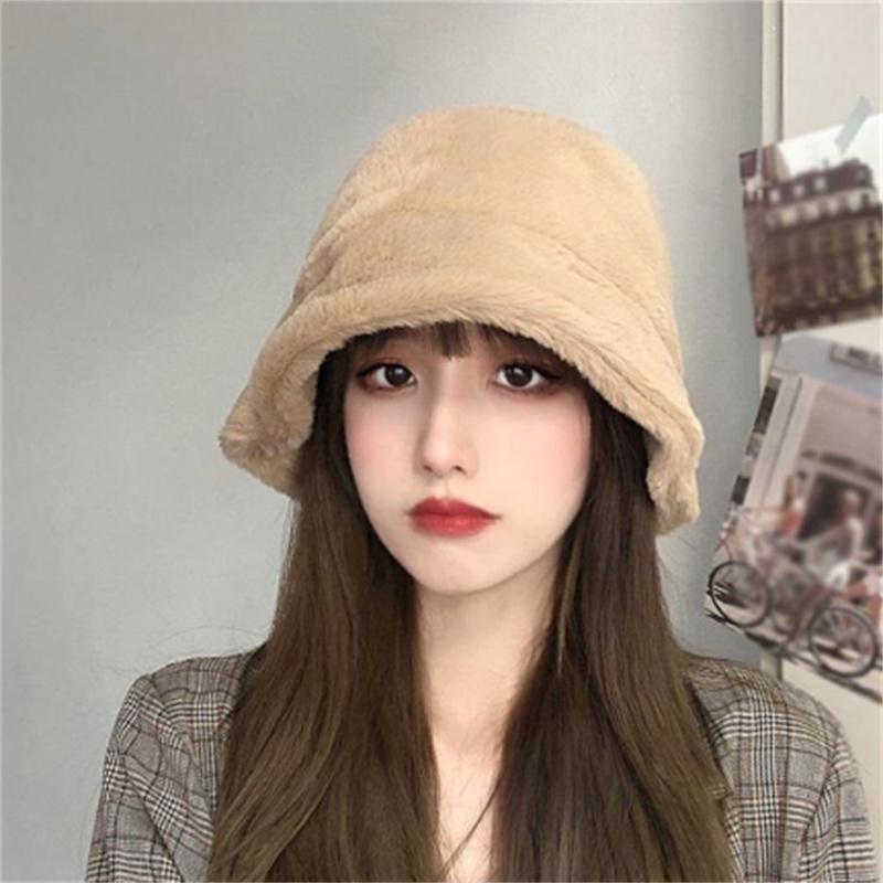 【COD Tangding】Topi Bucket Wanita Bahan Bulu Kelinci Warna Polos Gaya Korea Untuk Musim Dingin