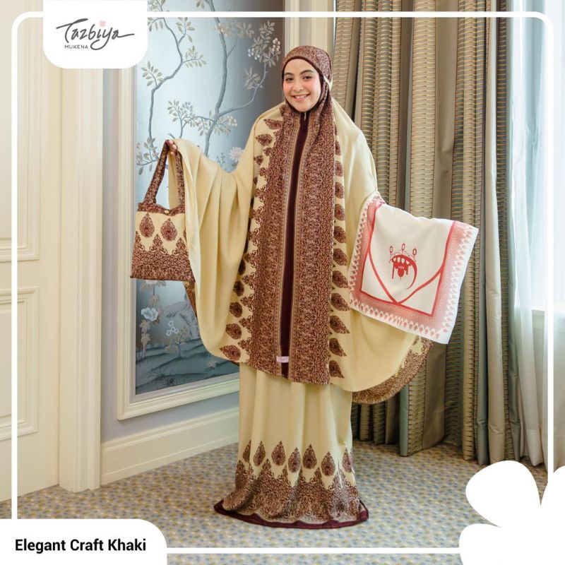 Mukena Tazbiya Sejadah Elegant Craft Khaki Dewasa Jumbo Katun Rayon Motif