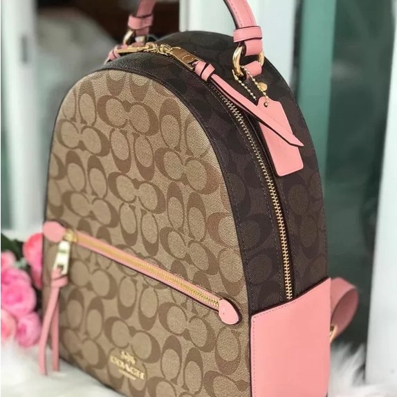 Backpack Coach Jordyn Zip in Khaki Blocked Signature Canvas With Pink