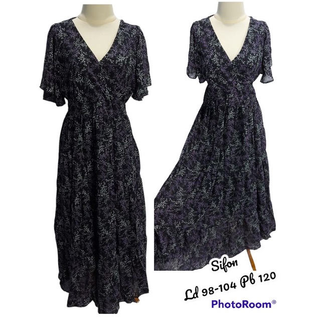 Pl Long Dress Sifon Hitam Bunga Lilac Putih