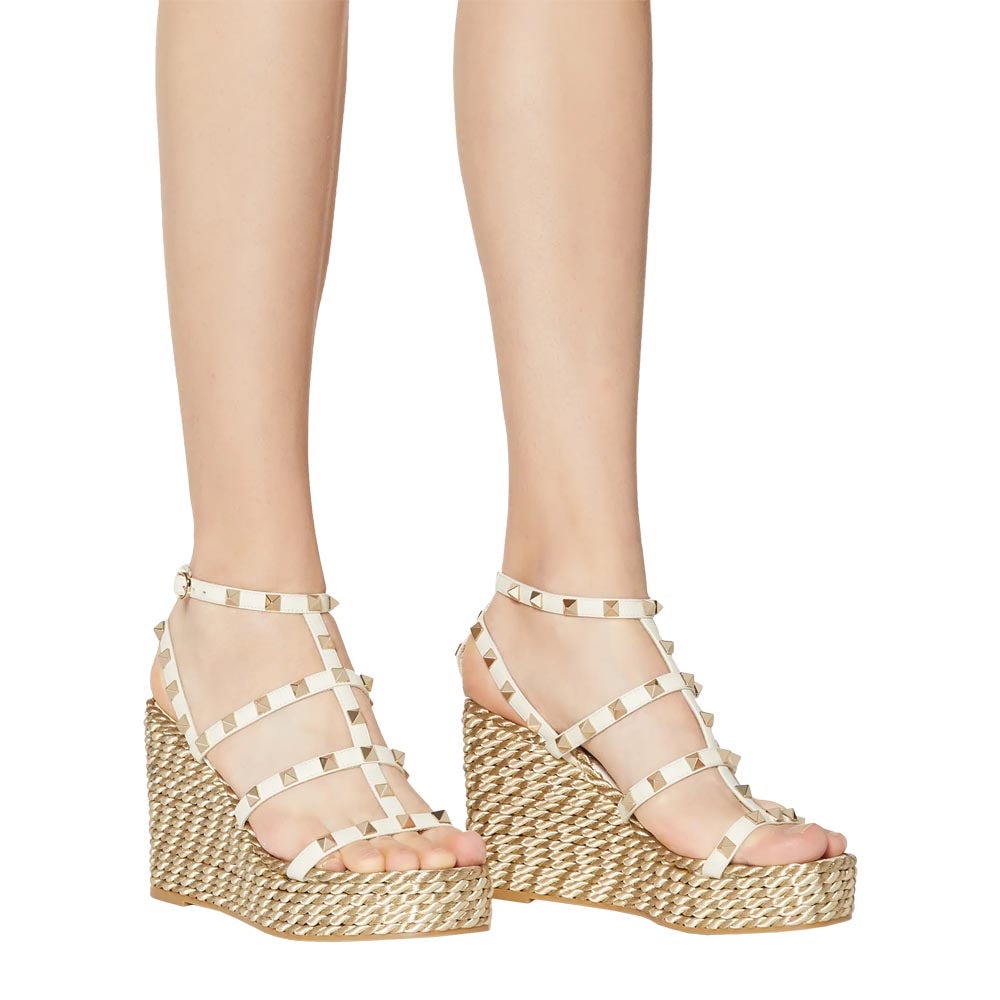 VLTN Garavani Rockstud Strap Wedge Sandal 9.5cm Calf Light Ivory