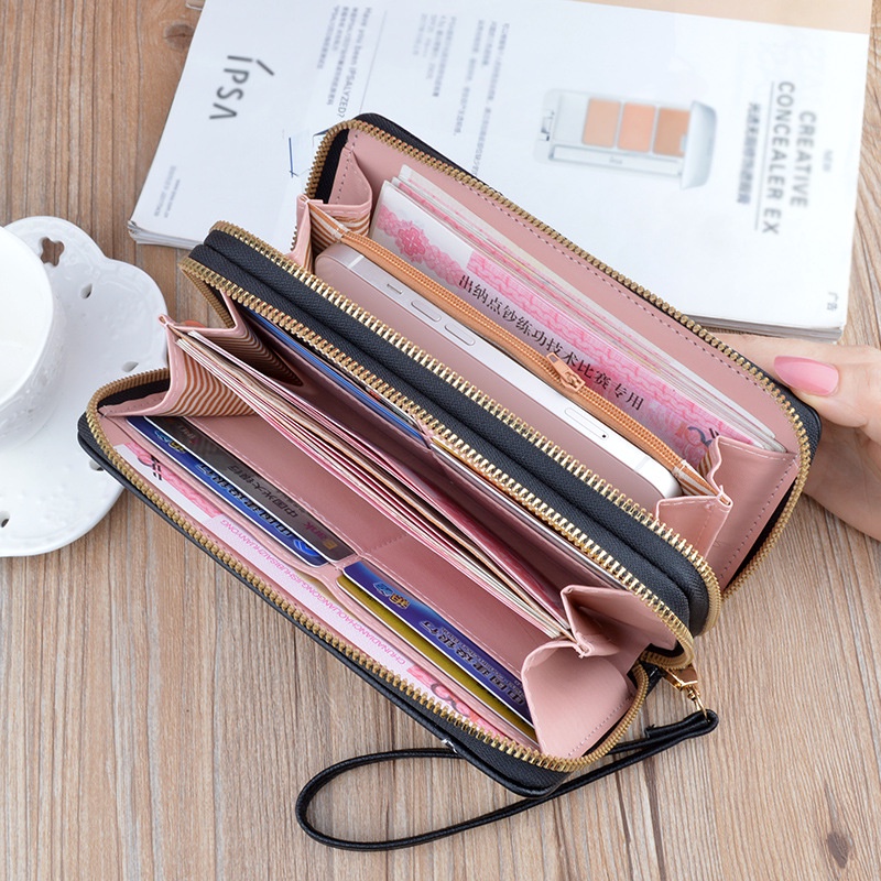 DOMPET PANJANG WANITA PREMIUM 2 RESLETING KULIT HITAM DORAMAR WA612B5 IMPORT MUAT HP TALI PENDEK KARTU UANG KOIN KOREA BRANDED REMAJA KEKINIAN FASHION SIMPLE BATAM