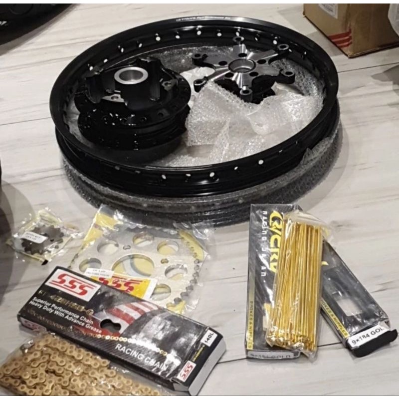 Paketan Velg titans 17x140 HitamTromol sys supra GTr Hitam
Jari CRv Gold
Gir Set SSS