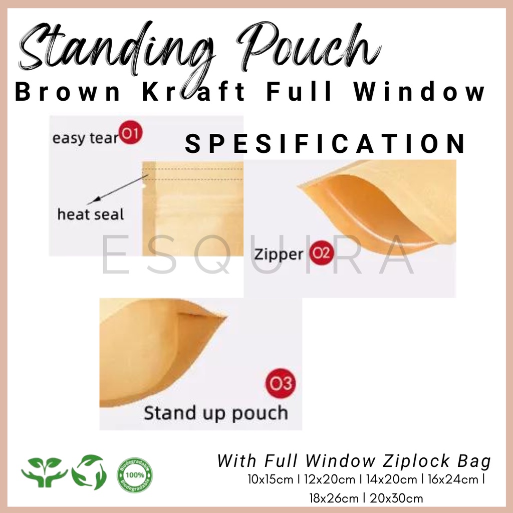 Kraft Standing Pouch Full Window Ziplock Bag / 10 PCS