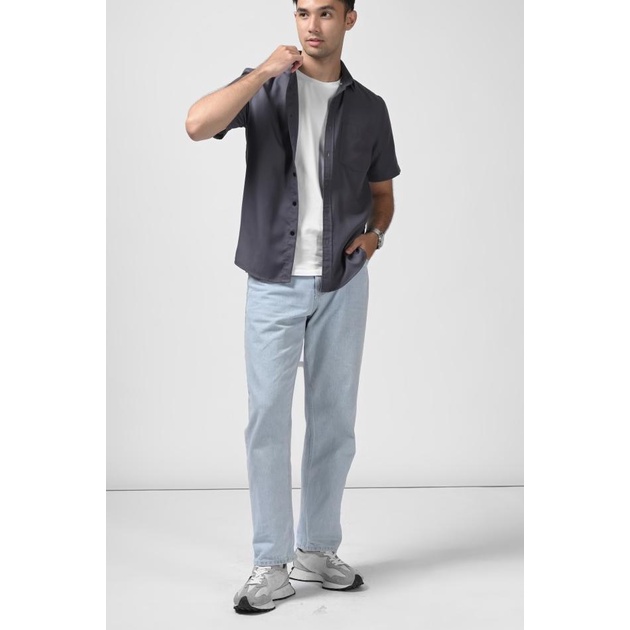 KEMEJA PREPP STUDIO EXETER BLACK BUTTON SHORT SLEEVE SHIRT ASPHALT - S