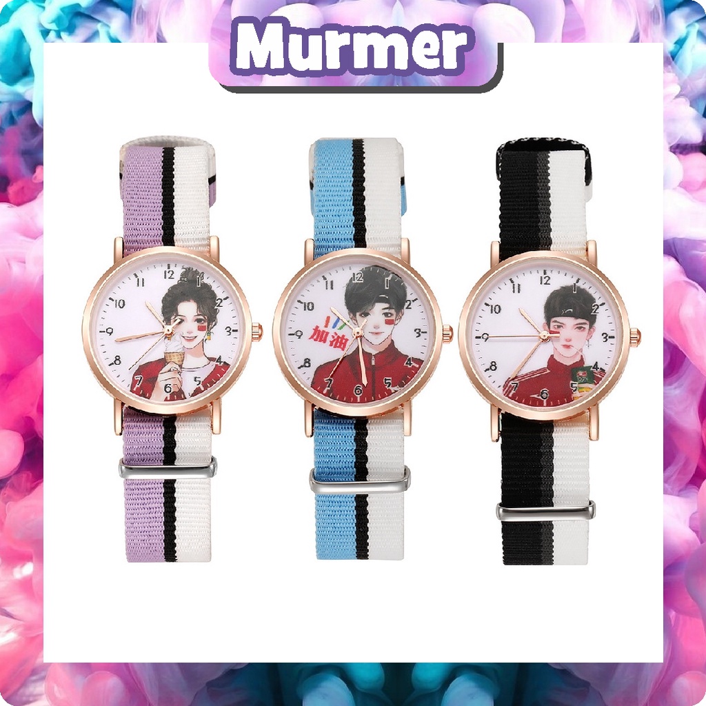 Murmerofficial Jam Tangan Analog Wanita Gaya Korea Strap Canvas Warna Warni JT042